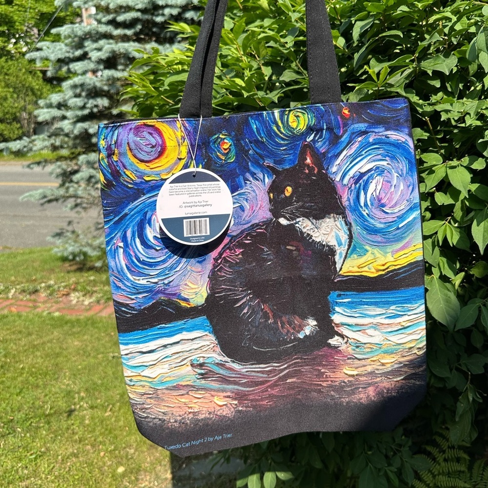 Starry Night Tuxedo Cat Art Tote Bag NWT